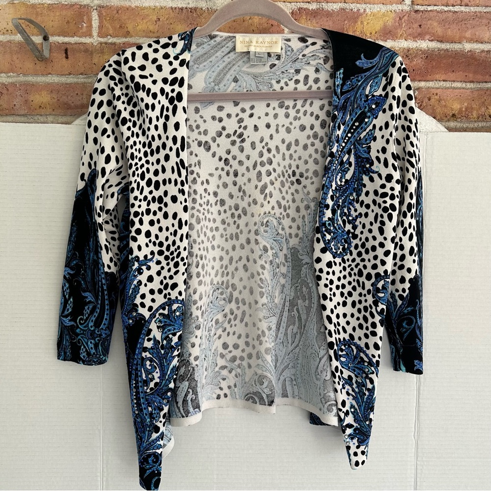 Nina Raynor Black White Blue Leopard Abstract Print Cardigan and Matching Tank!